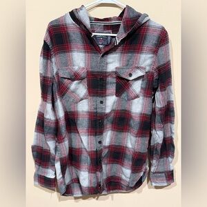 Company Eighty One Men’s Large Hooded Flannel. Red, gray, and black.